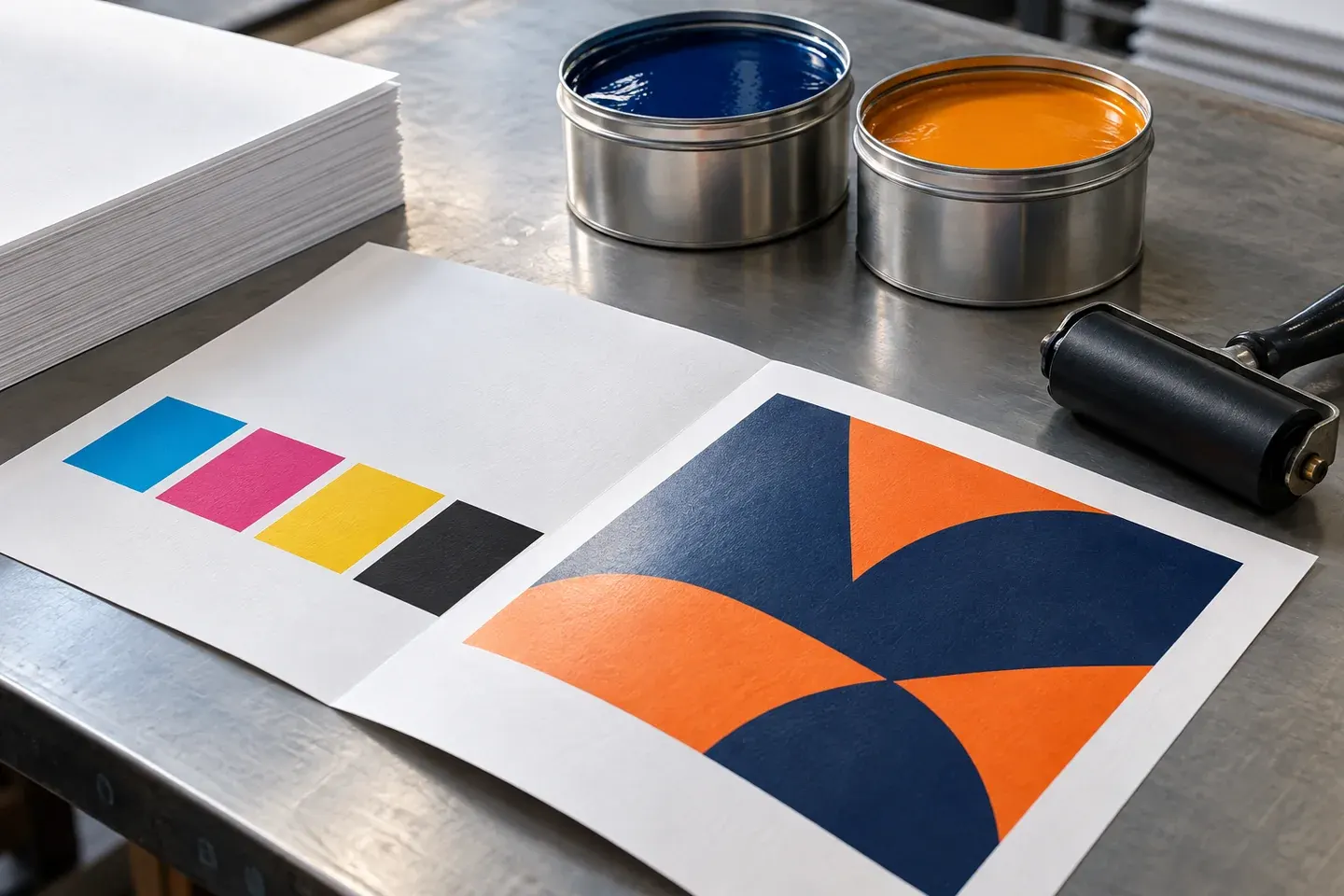 Colour proof on paper, ink tins and a printing brayer