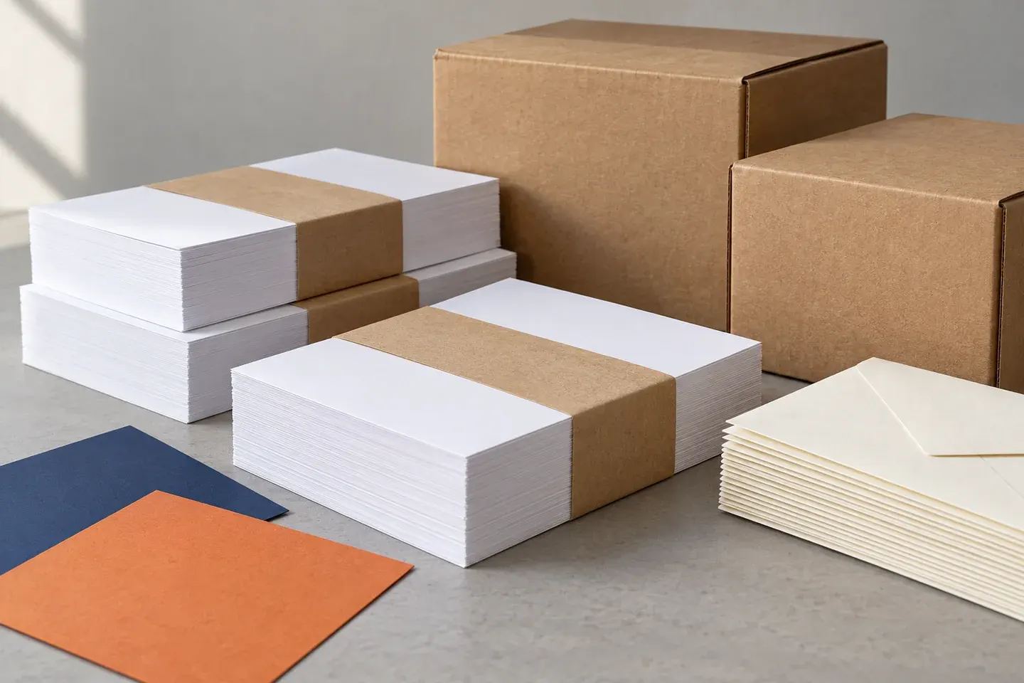 Kraft-banded paper stacks, envelopes and plain shipping cartons