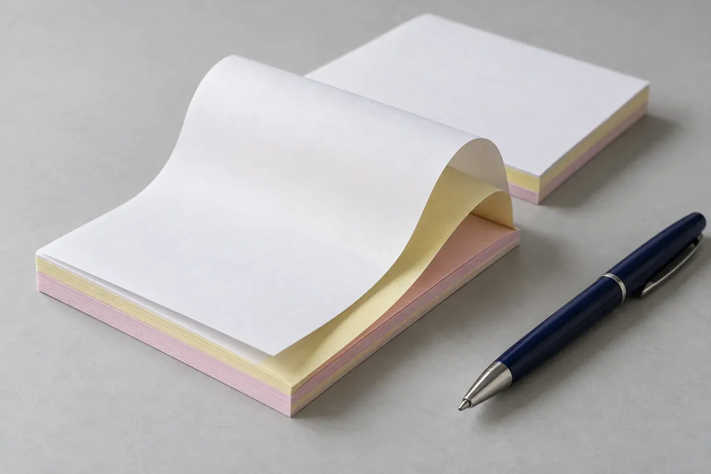 Blank carbonless paper pad showing white, yellow and pink layers