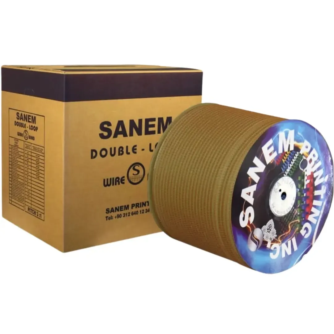 Spool of gold-coloured 3:1 wire binding coil in front of its carton