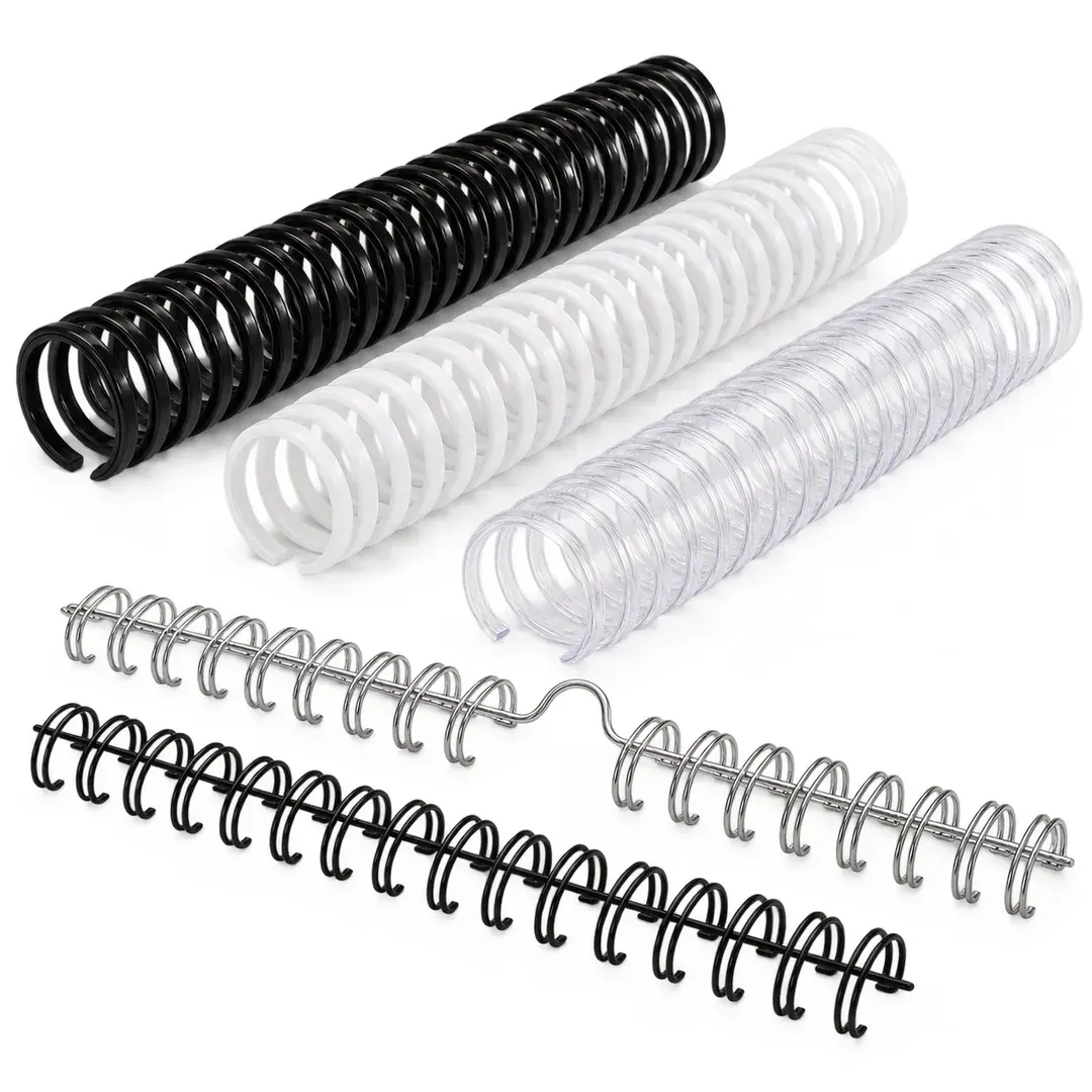 Black, white and clear plastic binding coils with metal calendar wire and hanger